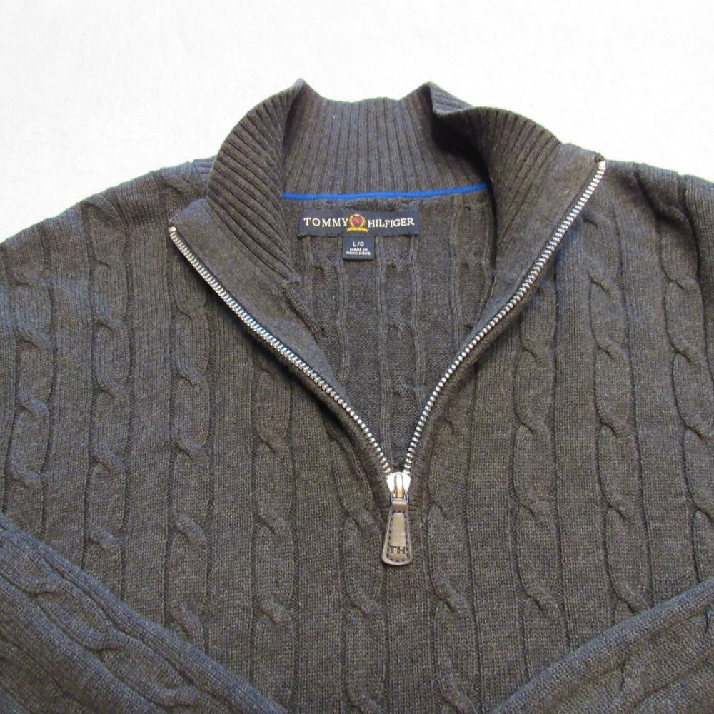 Tommy Hilfiger Quarter Zip Sweater Men's Large Gray Cable Knit Cotton